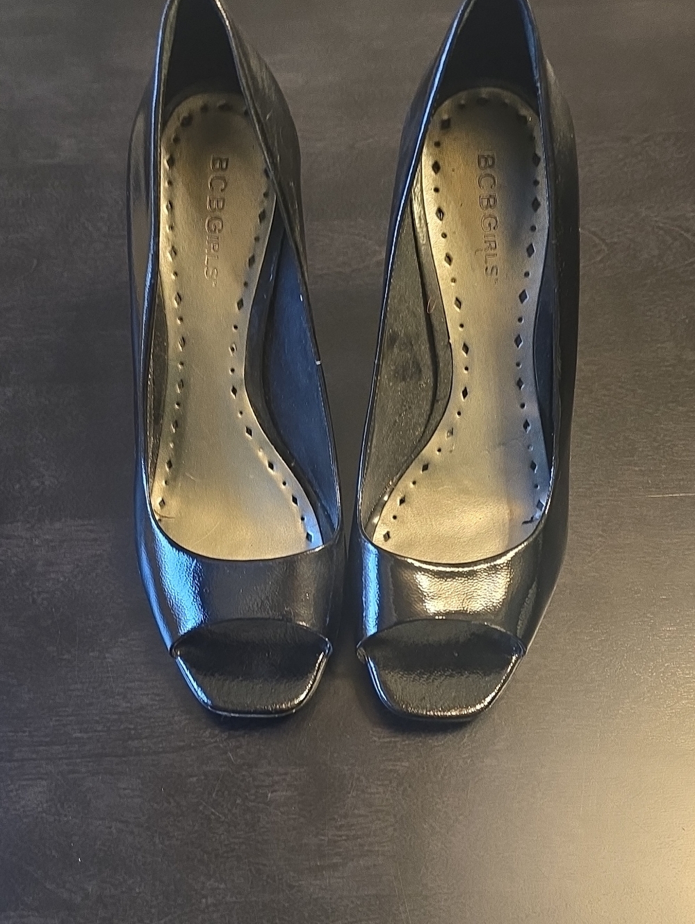 BCBG Black Patent Peep Toe Heels